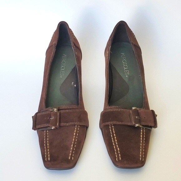 AEROSOLES BROWN SUEDE HEELS BUCKLE SQUARE TOE SIZE 8 CONTRAST STITCHING LOAFER - Picture 1 of 9